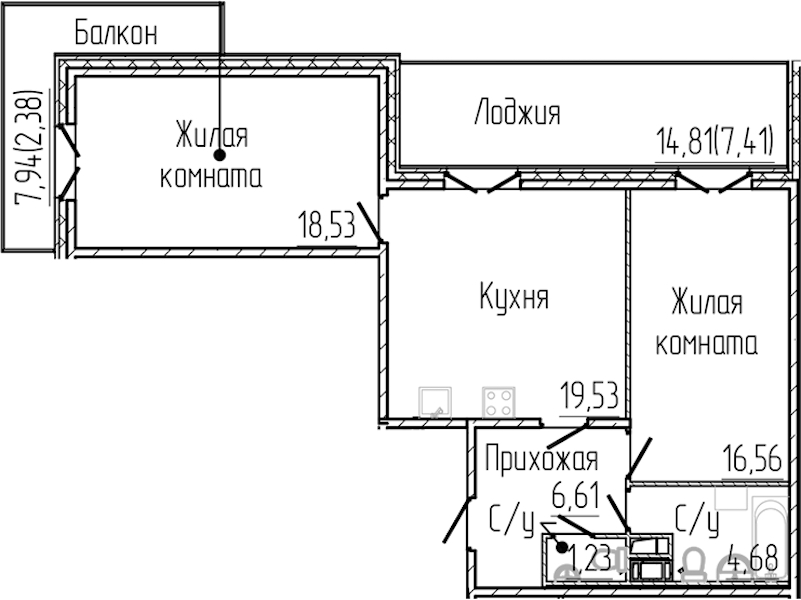 2-комнатная квартира 76.93 м², 3/8 эт., ЖК «SERTOLOVO PARK»